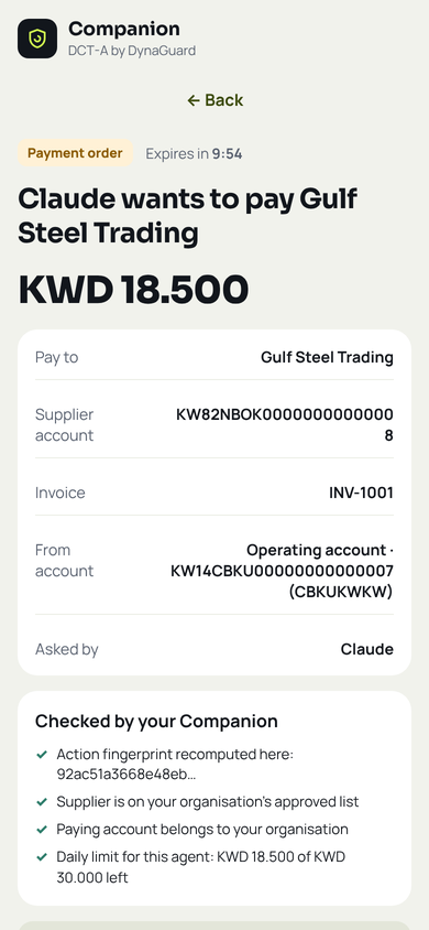 Approval screen for a payment of KWD 18.500 to Gulf Steel Trading
