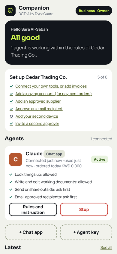 Companion home screen showing one connected agent and its rules