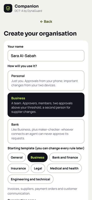 Create your organisation screen